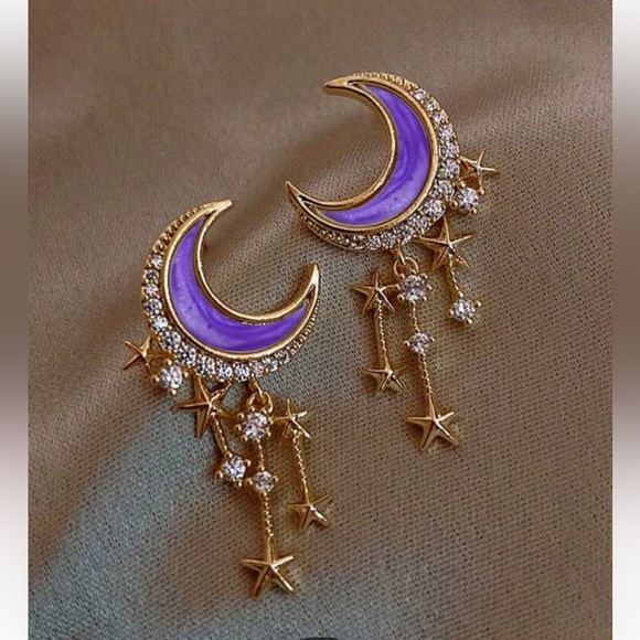 Crystal Star Tassel & Purple Crescent Moon Gold-tone Dangle Boho Earrings - Picture 1 of 4